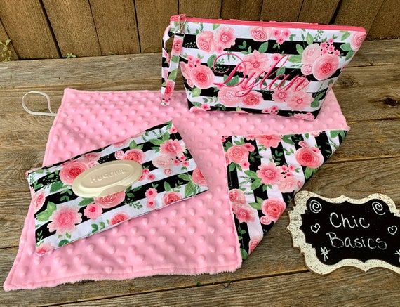 Zippered Diaper clutch with personalization and Minky changing pad