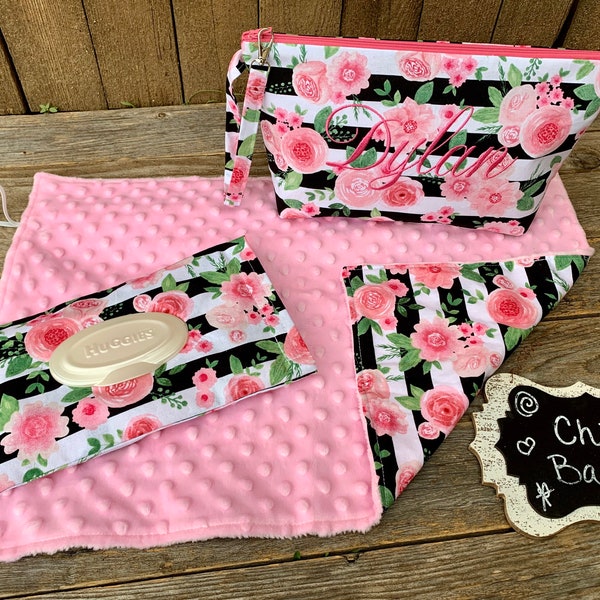 Zippered Diaper clutch with personalization and Minky changing pad