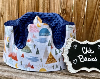 Bumbo Seat Cover - Ready to Ship - Desert Boho fabric with Navy Minky - Cover with Toy Loop No Seatbelt Holes Infant Floor Seat ONLY