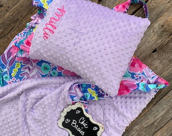 Personalized  Nap Mat Cover with attached Ruffle Minky Blanket & Ruffle pillowcase for the Kindermat Daydreamer