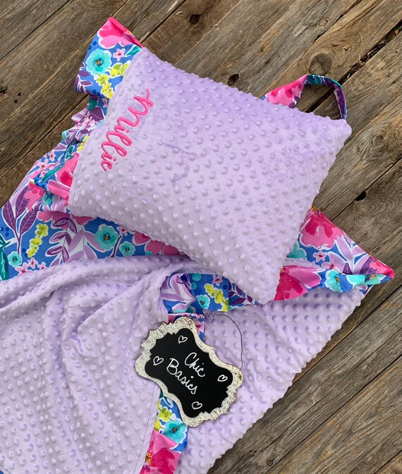 Personalized  Nap Mat Cover with attached Ruffle Minky Blanket & Ruffle Pillow Case for the Kindermat Daydreamer