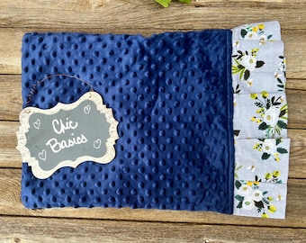 Minky Travel Size Pillowcase - Navy Minky - White Roses - Bees - Floral Print - Ready to Ship!
