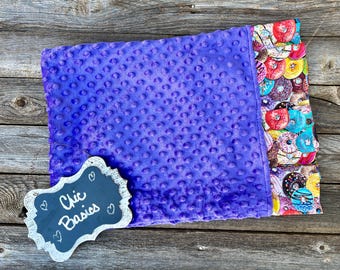 Minky Travel Size Pillowcase - Purple Minky - Donuts - Ready to Ship!