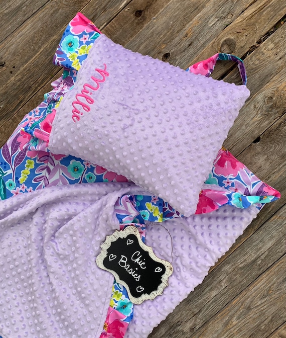 Personalized  Nap Mat Cover with attached Ruffle Minky Blanket & Ruffle Pillow Case for the Kindermat Daydreamer