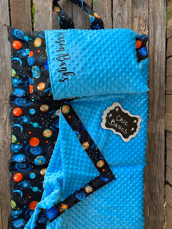Personalized Kindermat cover with both attached ruffle Minky Blanket and attached ruffle pillowcase