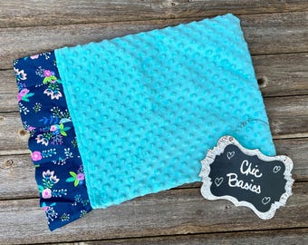 Minky Travel Size Pillowcase - Seafoam Minky - Navy Floral Fabric - Pink flowers - Ready to Ship!