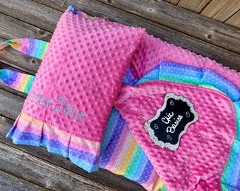 Personalized Kindermat cover with both attached ruffle Minky Blanket and attached ruffle pillowcase