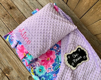 Personalized  Nap Mat cover with attached Minky Blanket & Ruffle Pillow Case for Kindermat