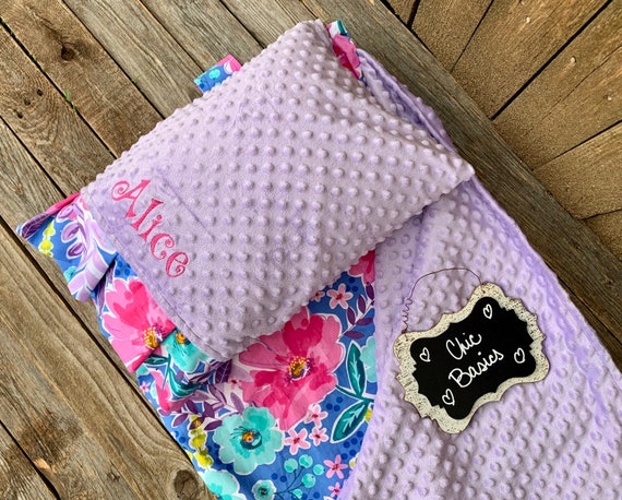 Personalized  Nap Mat cover with attached Minky Blanket & Ruffle Pillow Case for Kindermat