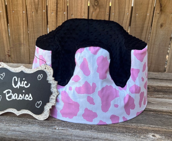 Bumbo Seat Cover - Ready to Ship - White and Light Pink Cowprint with Black Minky - Just Cover No Seatbelt Holes