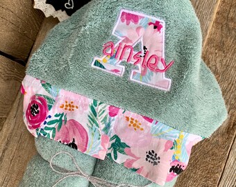 Hooded Towel with personalization - over 200 fabric choices - Florial