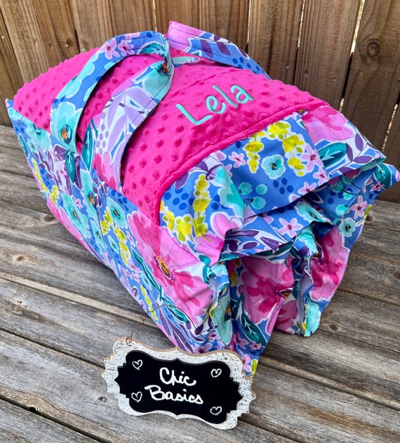 Personalized  Nap Mat cover with both attached ruffle Minky Blanket and attached ruffle pillowcase for Kindermat Daydreamer