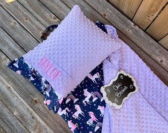 Personalized Kindermat cover with both attached ruffle Minky Blanket and attached ruffle pillowcase