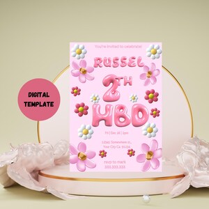 Blumen rosa, Einladungskarte, digitale Vorlage, printable und Instant Download, Geburtstag Party Vorlage, Einladungskarte, 2 Jahre alt + Mädchen