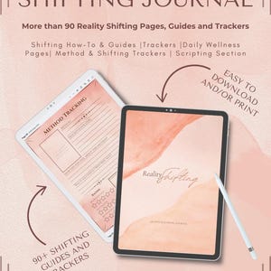 May include: Digital download of a reality shifting journal with a pink and peach watercolor background. The journal includes over 90 pages of guides, trackers, and daily wellness pages. The text "Reality Shifting" is written in a cursive font on the cover.