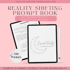Puede incluir: Una tableta digital que muestra una guía para el cambio de realidad con el título "Desired Reality 100 Shifting Prompts". La tableta está sobre un fondo rosa con un lápiz blanco a su lado. La guía incluye 100 indicaciones para ayudarte a conectar con tu realidad deseada.