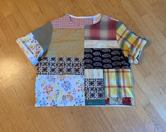 One of a Kind Patchwork Blouse, Autumn Floral Blouse, Short Sleeve Shirt - Upcycled Patchwork Design Art Blouse Size L to XL