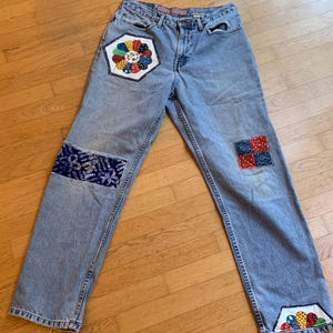 Vintage geüpcycled Boyfriend-jeans uit de jaren 90 33 x 31 inch met hoge taille, lichte wassing, distressed en gepatchte jeans, Eddie Bauer