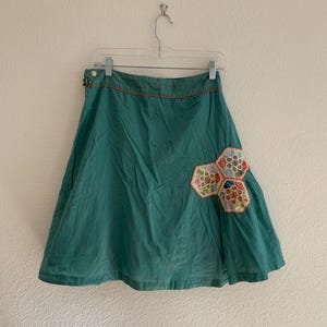 Pu&ograve; includere: Una gonna color teal con una silhouette svasata a trapezio. La gonna presenta una toppa decorativa di forme geometriche colorate in tessuto sul davanti. &Egrave; appesa a una gruccia trasparente contro un muro bianco.