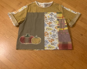 One of a Kind Patchwork Blouse, Autumn Floral Blouse, Short Sleeve Shirt - Upcycled Patchwork Design Art Blouse Size L to XL
