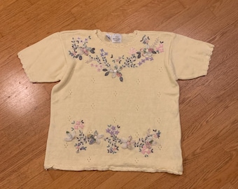 Vintage 90's 2000's Pointelle Knit Sweater Blouse, Embroidered Sweater Blouse, Women's Large, Ribbon Embroidery Top, Cottage Core, Bentley
