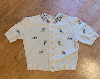Vintage 1940's GoldWorm Originals Sweater Blouse with Embroidery and Rhinestone Buttons, Petite Small - Wounded Bird