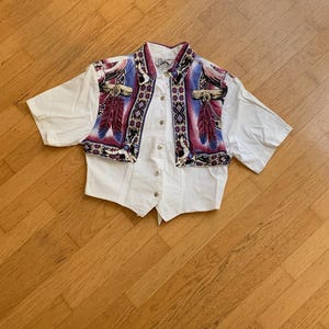 Vintage Western Blouse, Short Sleeve Western Blouse, Size Small - Cow Skull Print, Circle T
