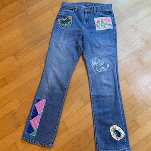ヴィンテージ ラルフローレン - ローレン パッチ付きデニムジーンズ サイズ8、ウエスト31インチ、刺繍とヴィンテージパッチが施されたミッドライズ ストレートレッグジーンズ