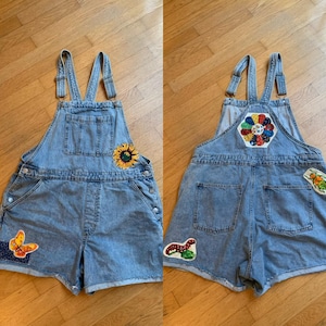 Patched Denim Overall Short Size 16/ L to XL - Vintage Patches on Denim Overall Shorts