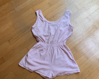 Vintage 80's Pale Pink Terry Cloth Romper Tank/Short Set Size Medium, High Waist Terry Cloth Shorts