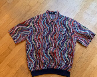 Vintage 90's Alan Stuart Pullover Men's Short Sleeve Cotton Shirt Size L, Elastic Waist, Psychedelic Print