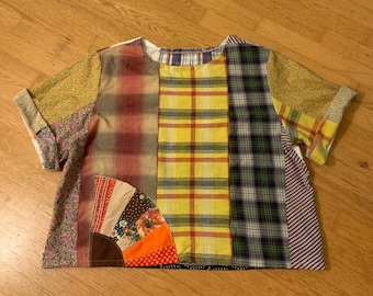 One of a Kind Patchwork Blouse, Autumn Floral Blouse, Short Sleeve Shirt - Upcycled Patchwork Design Art Blouse Size L to XL