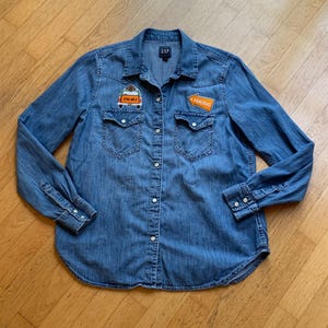 Upcycled Long Sleeve Denim Shirt , Patched Denim Fitted Western Shirt Size Medium - Pearl Snap Western Gap