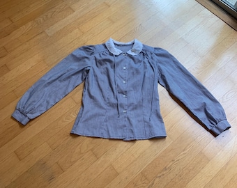Vintage 80er Jahre Frauen Blau und Weiß Gingham Bluse mit Spitzenkragen, Größe Medium Langarm Bluse