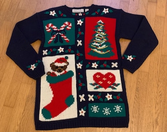 Vintage 90's Christmas Sweater Patchwork Design, Karen Scott Size S, Navy Blue Christmas Sweater