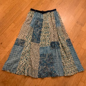 Vtg Y2K Blue and White Patchwork Maxi Cotton Gauze Skirt with Denim Waistband, 32" Waist "Size 14", Boho Chic Broomstick Skirt, New Vintage