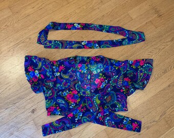 Vintage 60's 70's Blue Paisley Tie Top, 32" Bust, Extra Small Vintage Summer Tie Blouse