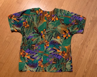 Vintage 90er Jahre Kurzarm Bluse mit Tropischem Muster - Größe S Nicola
