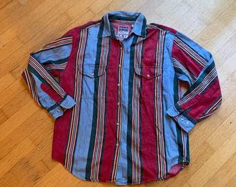 Blusa vintage de los 90 con bloques de color y manga larga, talla mediana - Express, Camisa vaquera vintage de los 90