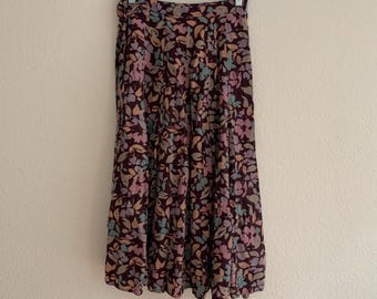Gonna vintage anni '90 in seta, modello midi-traversa, con stampa floreale viola e lavanda, taglia P-XS, girovita 61 cm, Maggy London by Jeannene Booher