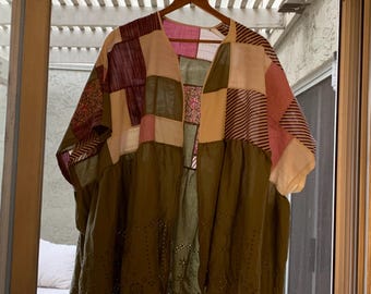 Top kimono z lnianego materiału z recyklingu, narzutka plażowa kimono, patchworkowe kimono z materiału z recyklingu