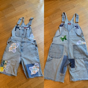 Patched Denim Overall Cut-Off Shorts Dickies Men's 32 - Vintage Patches on Denim Overall Shorts