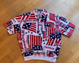 Vintage 90's Alan Stuart Pullover Men's Short Sleeve Cotton Shirt Size L, Elastic Waist, Patriotic Americana Print
