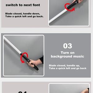 May include: An instructional graphic titled "Sports Control" with numbered steps. The steps detail how to use a lightsaber-like device, including startup modes, font switching, background music, color changes, and activating a force-like feature.