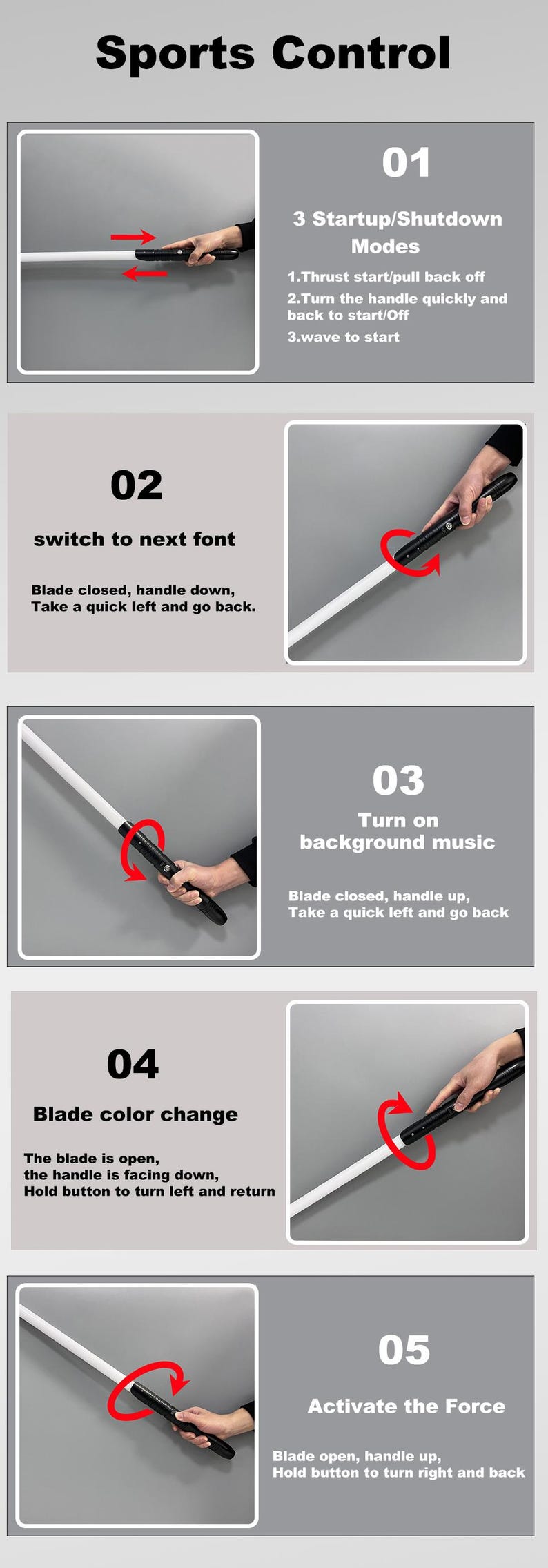 May include: An instructional graphic titled "Sports Control" with numbered steps. The steps detail how to use a lightsaber-like device, including startup modes, font switching, background music, color changes, and activating a force-like feature.