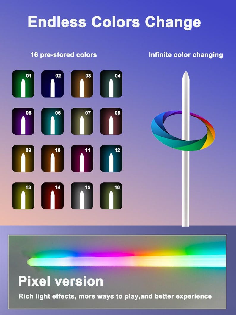 May include: A graphic showing a product with the text "Endless Colors Change". The image displays 16 pre-stored colors and a color-changing effect. The bottom of the image has the text "Pixel version" and "Rich light effects, more ways to play, and better experience."