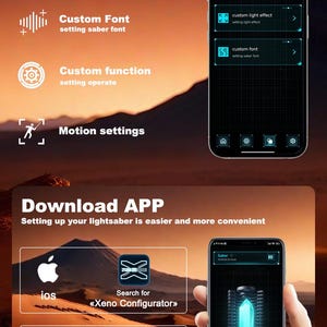 May include: Image showing a smartphone interface for programming a lightsaber. The app allows for custom light effects, fonts, and functions. Instructions for downloading the app on iOS and Android are also displayed.