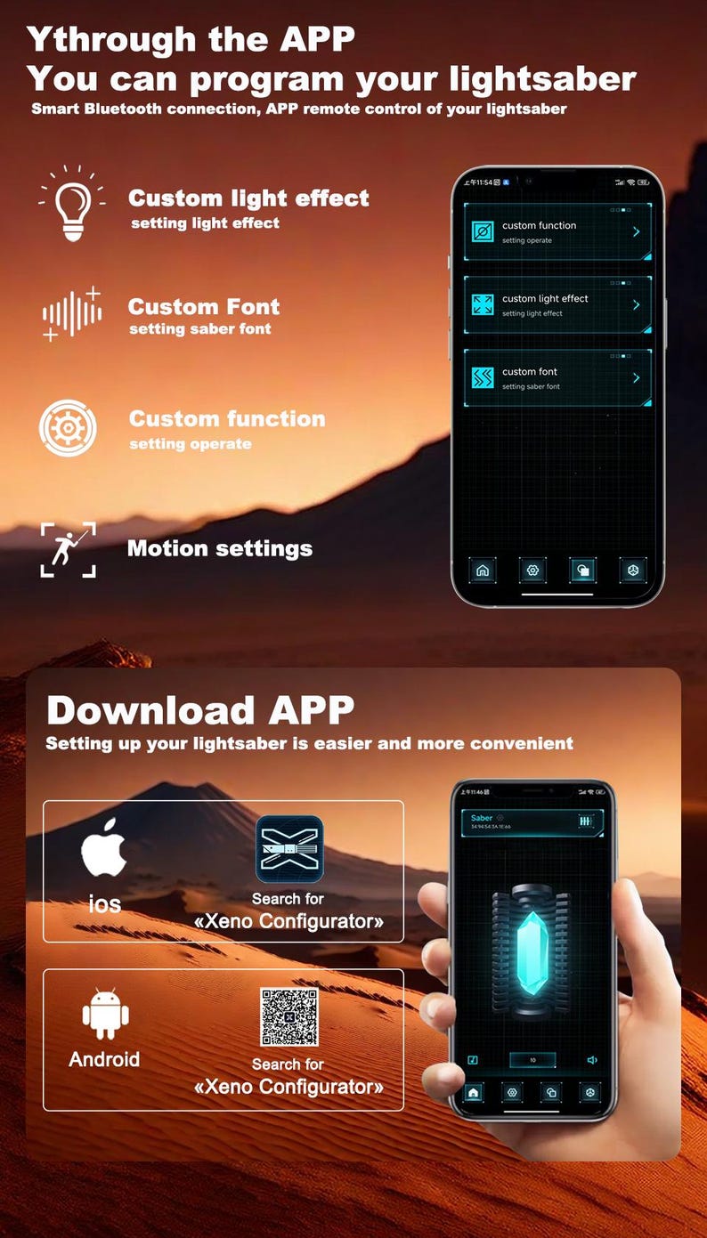 May include: Image showing a smartphone interface for programming a lightsaber. The app allows for custom light effects, fonts, and functions. Instructions for downloading the app on iOS and Android are also displayed.