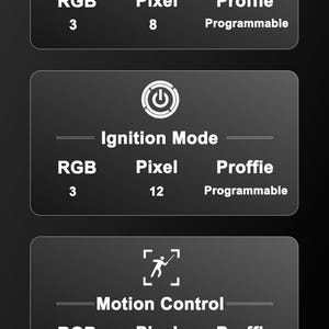 May include: Informational graphic with details on sound, light, and ignition modes, plus motion control features. Displays RGB, Pixel, and Proffie specifications. Text states that unlimited sound effect packs can be added.