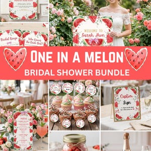 May include: A bridal shower bundle with a watermelon theme. Includes invitations, signs, bingo cards, cupcake toppers, a menu, a food label, and a custom sign. The color scheme is red, pink, and green, with watermelon slice illustrations.
